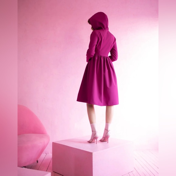 Women’s Fuchsia Pink Hooded Waterproof Button Up Peplum Rain Coat Dress - Picture 3 of 14